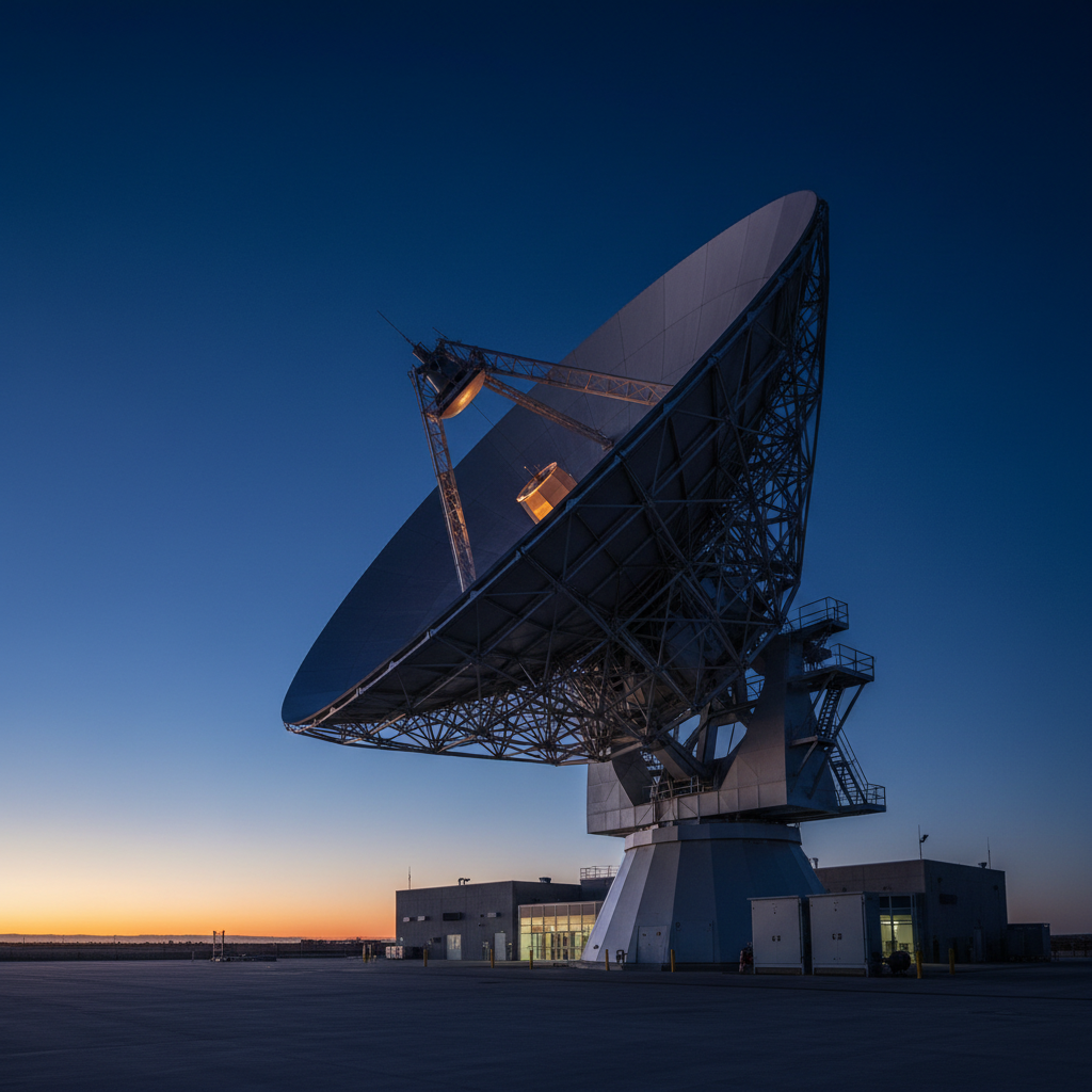 Satellite ground station dish antenna at dusk