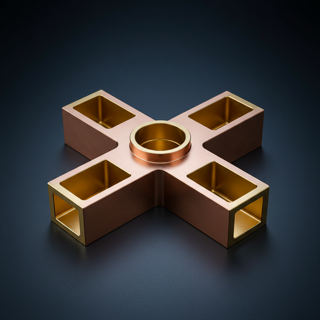 Precision machined turnstile junction waveguide component with four-fold symmetric ports